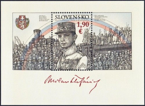 Eslovaquia, 2019, 100 años de las Legiones checoslovacas; general Milan Rastislav Štefánik. Hojita diseñada por Dušan Kállay y grabada por František Horniak. Calcografía y offset