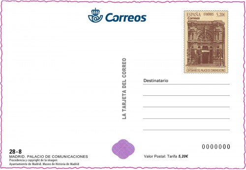 2019-06-14. Efemérides. Centenario del Palacio de Comunicaciones. Tarejta prefranqueada. Boceto. Anverso. Baja.jpg