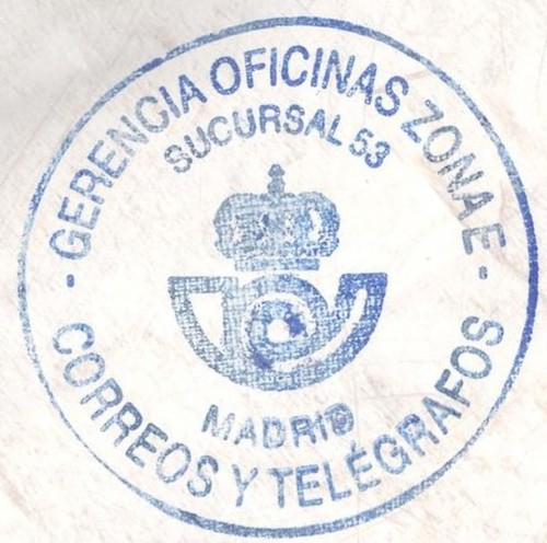 Correos. Tampón. Gerencia Oficinas Zona E. Sucursal 53. Madrid. Correos y Telégrafos. 2019-06-20. Sobre. Baja.jpg