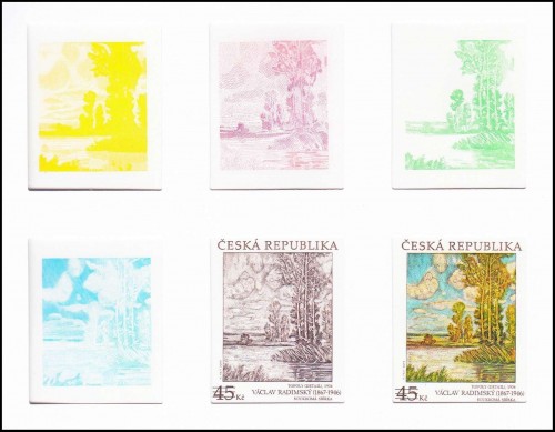 República Checa, 2019, Arte. Václav Radimský, “Álamos” (1934). Hojita especial con impresiones de las diferentes matrices hasta llegar al registro final de este sello grabado por Václav Fajt