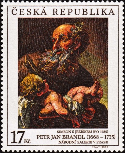 República Checa, 2000, Arte. “Simeón con el Niño Jesús”, de Petr Jan Brandl. Sello diseñado y grabado por Václav Fajt. Calcografía