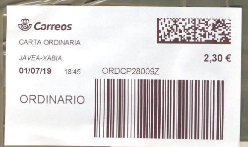 Etiqueta térmica digital. Nueva. Javea-Xabia. Carta ordinaria. 2019-07-01. 18.45. 6x10. 2,30 euros.jpeg