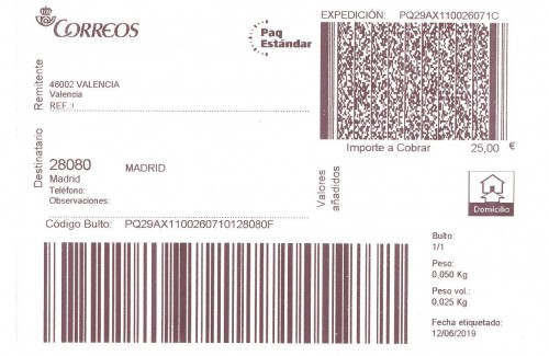 Etiqueta Grande. Paq Estándar. (Valencia). Domicilio. Importe a cobrar 25,00 €. 10x14.5. 2019-06-12 (etiquetado). Baja.jpg