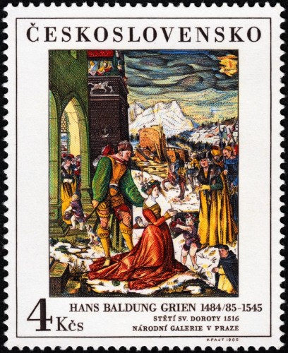Checoslovaquia, 1985, Arte, “Decapitación de Santa Dorotea”, de Hans Baldung Grien. Sello diseñado y grabado por Václav Fajt. Calcografía