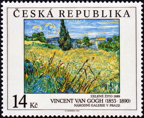 República Checa, 1993, Arte. Vincent van Gogh, “Campo de trigo verde con ciprés”. Sello diseñado y grabado por Miloš Ondráček. Calcografía