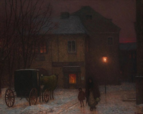 ”Noche de invierno en la ciudad”, pintura de Jakub Schikaneder