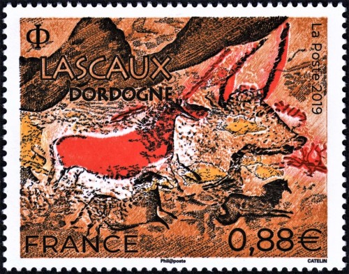 Francia, 2019, Pintura rupestre de la cueva Lascaux en Dordogne. Diseño y grabado de Elsa Catelin. Calcografía