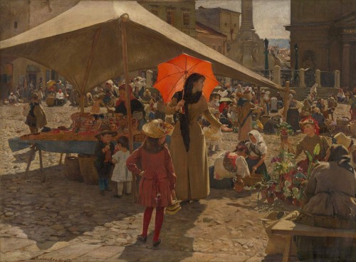 “Mercado de Banská Bystrica” (1889), de Dominik Skutecký; óleo sobre lienzo, 83.3 × 113.5 cm