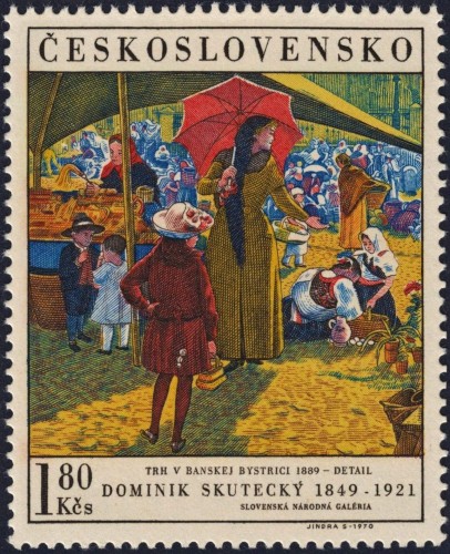 Checoslovaquia, 1970, Arte. “Mercado de Banská Bystrica” (1889), detalle, pintura de Dominik Skutecký. Sello diseñado y grabado por Jindra Schmidt. Calcografía