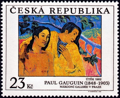 República Checa, 1998, Arte. Paul Gauguin, “Los amantes”. Sello diseñado y grabado por Miloš Ondráček. Calcografía