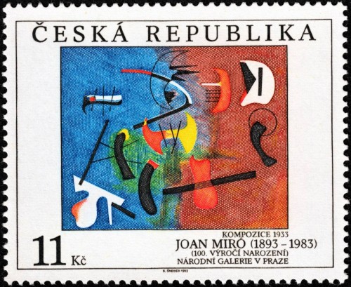 República Checa, 1993, Arte. Joan Miró, “Composición”. Sello diseñado y grabado por Bohumil Šneider. Calcografía