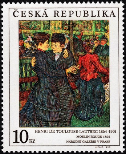 República Checa, 1994, Arte. “Moulin Rouge”, de Henri de Toulouse-Lautrec. Sello diseñado y grabado por Václav Fajt. Calcografía