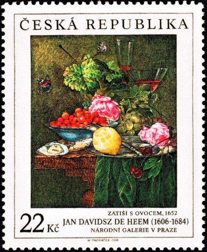 República Checa, 2006, Arte. Jan Davidsz de Heem,  “Bodegón con frutas y flores”. Sello diseñado y grabado por Miloš Ondráček. Calcografía