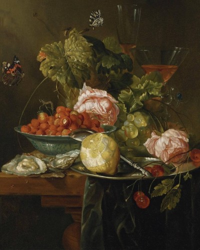 Jan Davidsz de Heem,  “Bodegón con frutas y flores”; óleo sobre lienzo, 41.5 x 36 cm. En la imagen mostramos una copia anónima de la obra original de Heem