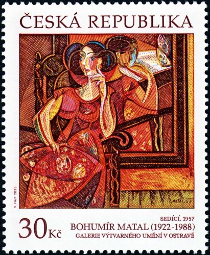 República Checa, 2015, Arte. Bohumír Matal, “Sedící” (“Sentada”, 1957). Sello diseñado y grabado por Václav Fajt. Calcografía