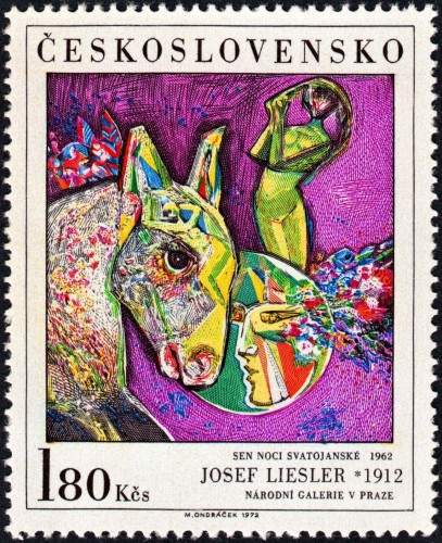 Checoslovaquia, 1972, Arte. “Sen noci svatojanské” (&quot;El sueño de una noche de verano&quot;, 1962), de Josef Liesler. Sello diseñado y grabado por Miloš Ondráček. Calcografía