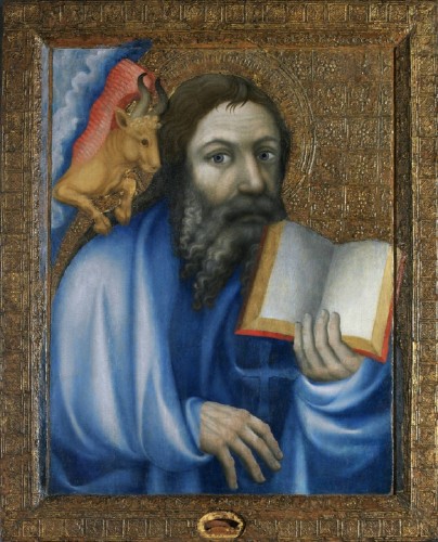 San Lucas Evangelista, del Maestro Teodorico; temple al óleo sobre tabla de haya, 115 x 94 cm, y marco con adorno en relieve