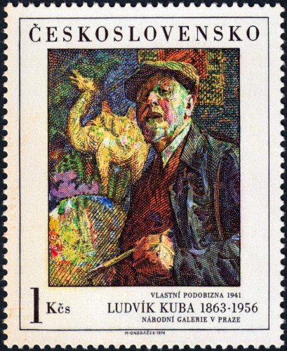 Checoslovaquia, 1974, Arte, Ludvík Kuba, &quot;Autorretrato&quot;. Sello diseñado y grabado por Miloš Ondráček. Calcografía