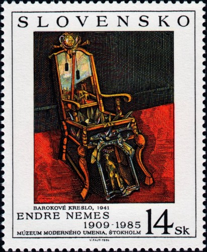 República Checa y Eslovaquia, 1996, Arte. Endre Nemes,“Silla barroca”. Sello diseñado y grabado por Václav Fajt. Calcografía