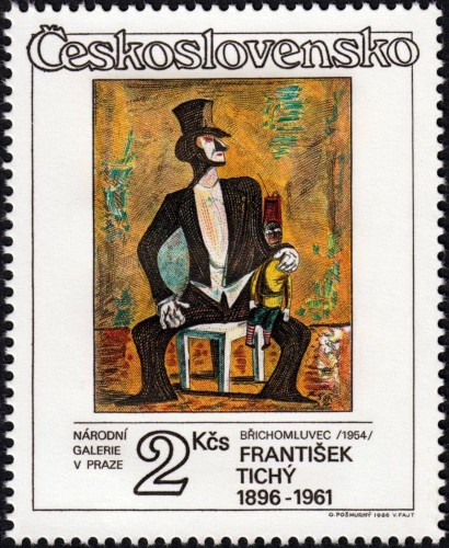 Checoslovaquia, 1986, Arte. František Tichý, “Břichomluvec&quot;. Sello diseñado por Oldřich Pošmurný (marco, cifra y letras) y grabado por Václav Fajt. Calcografía