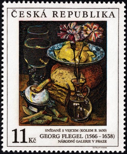 República Checa, 1996, Arte. Georg Flegel, “Desayuno con huevo”. Sello diseñado y grabado por Václav Fajt. Calcografía