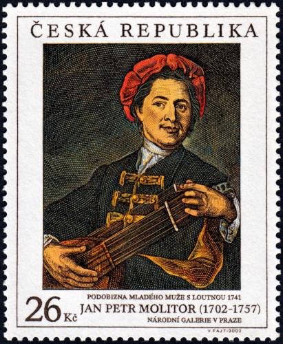 República Checa, 2002, Arte. Jan Petr Molitor, “Retrato de un hombre con un laúd”. Sello diseñado y grabado por Václav Fajt. Calcografía