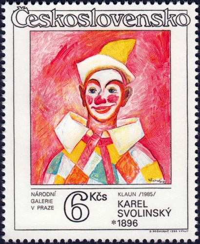 Checoslovaquia, 1986, Arte. Karel Svolinský, “Payaso”. Sello diseñado por Oldřich Pošmurný (marco, cifra y letras) y grabado por Václav Fajt. Calcografía