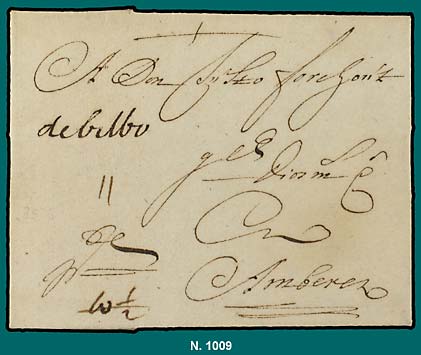 1708- Sobrescrito de S. Sebastian a Amberes, manuscrito a la llegada &quot; de bilbo &quot;