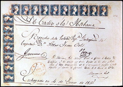 1850- 4 de enero. Conocimieto de embarque Cadiz a la Habana, con 17 sellos de 6 Cu de Isabel II.