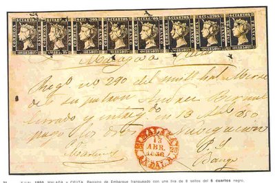1850.- 13 Abril. Conocimiento de embarque de MAlaga a Ceuta, con ocho sellos de 6 Cu.