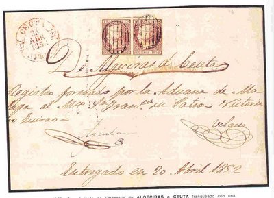 1852.- 20 de Abril. Conocimiento de embarque de Algeciras a Ceuta, con dos sellos de 12 Cu.