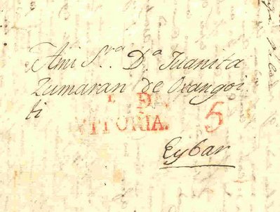 1823-Sobrescrito de Vitoria a Eibar. MArca de Vitoria.