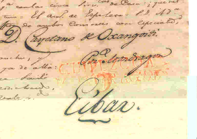 1824-Sobrescrito de Deba a Eibar. MArca de Mondragon.
