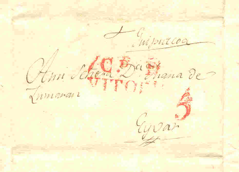 1827-Sobrescrito de Vitoria a Eivar. Marca de Vitoria.