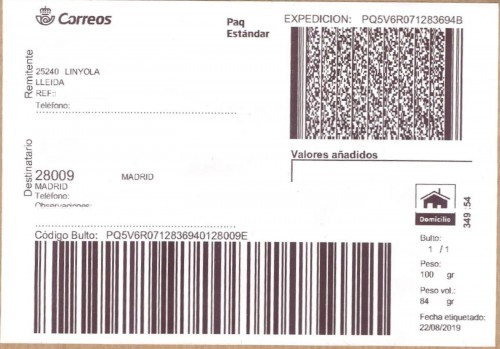 Etiqueta Grande. Nueva. Paq Estándar. No indica (Linyola, sin precisar, Mollerusa). 349254. Domicilio. Sin franqueo. 10x14,4. 2019-08-22. Baja.jpg