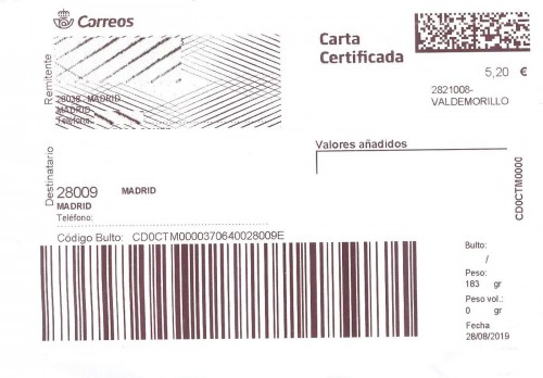 Etiqueta Grande. Nueva. Carta certificada. 2821008-Valdemorillo. Inicio código envío. 2019-08-28. 5,20 euros. 10x14,8. Baja.jpg