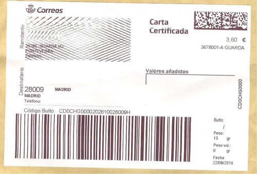 Etiqueta Grande. Nueva. Carta certificada. 3678001-A Guarda. Inicio código envío. 2019-08-22. 3,60 euros. 10x14,7. Baja.jpg