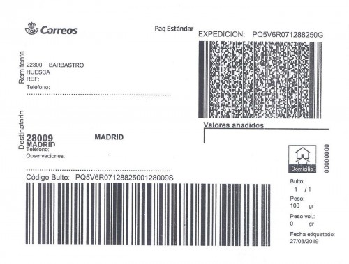 Etiqueta Grande. Nueva. Paq Estándar. No indica (Barbastro, sin precisar). 00000000. Domicilio. Sin franqueo. 14,4x20. 2019-08-27. Baja.jpg
