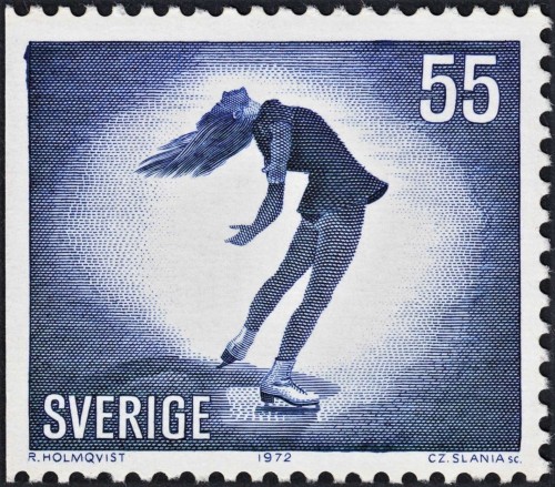Suecia, 1972, Deporte. Diseño y grabado de Czeslaw Slania, utilizando una fotografía de Ragnar Holmqvist. Calcografía