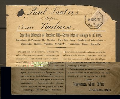 1887 Barcelona-Toulouse. Rarísima carta publicitaria de la Exposición Universal de Barcelona 1888. Marca de la exposición en el reverso..jpg