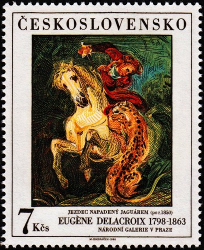 Checoslovaquia, 1988, Arte. Eugène Delacroix, “Jinete atacado por un jaguar”. Sello diseñado y grabado por Miloš Ondráček. Calcografía