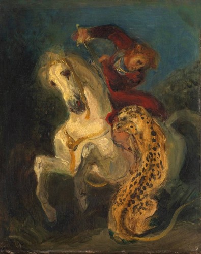 Eugène Delacroix, “Jinete atacado por un jaguar”; óleo sobre lienzo, 33 x 28 cm