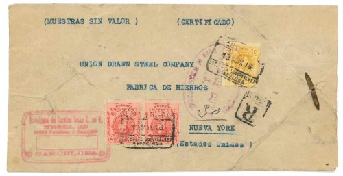 1918 Barcelona a NYC Muestras sin valor cerrtificado bad condition.jpg