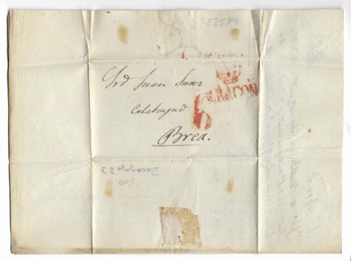 Carta de Zaragoza a Brea - 17 JUL 1841 - Marca Aragon corona y porteo 6.jpg
