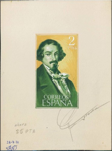 Diseño adoptado para el sello de Espronceda (España, 1972), firmado por José Luis Suárez Feito y Alfonso Sánchez Toda