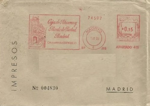 Franqueo mecánico rojo. 00205. 1955-06-01. 0,15 pesetas. Sobre. Baja.jpg