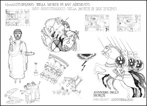 Dibujos de Marina Richterová preparatorios de los diseños de 2018 para los sellos del Vaticano dedicados a Adeodato I y San Zósimo. Imágenes procedentes de “Vatican Notes” (2019, Vol. 67, nº 380)
