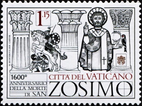Vaticano, 2018, 1600 aniversario de la muerte de San Zósimo. Sello diseñado por Marina Richterová. Impresión en offset