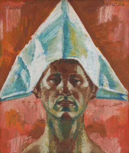 Ernest Zmeták, “Autorretrato con sombrero de papel”; témpera sobre panel, 51.8 x 43.9 cm