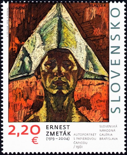 Eslovaquia, 2019, Arte. Ernest Zmeták, “Autorretrato con sombrero de papel”. Sello diseñado por Vladislav Rostoka y grabado por František Horniak. Impresión mixta en calcografía (color negro) y offset (resto de colores)